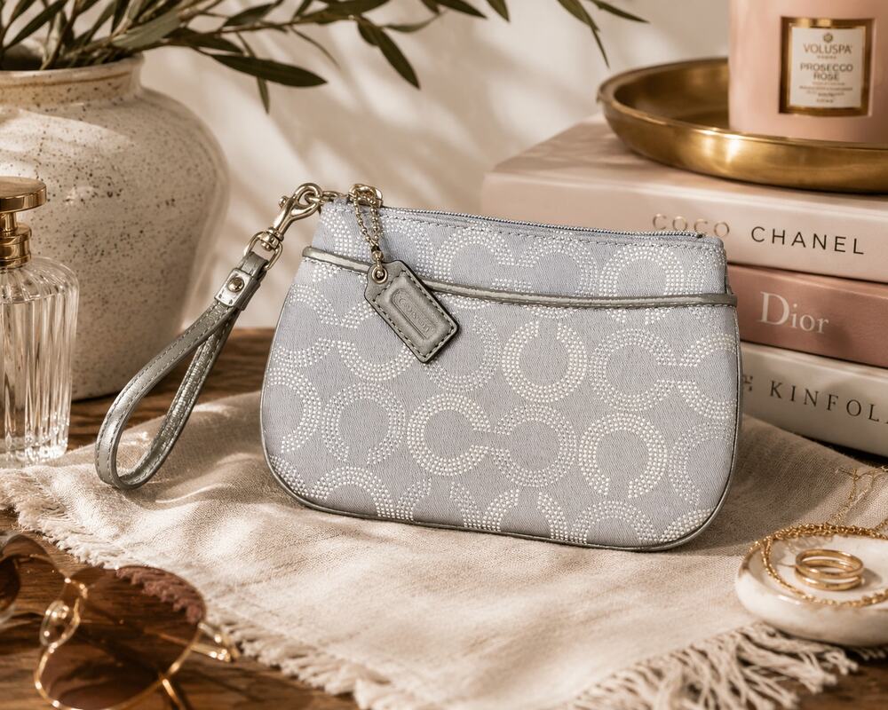 Coach Signature Silver Gray Grab & Go Wristlet Wallet